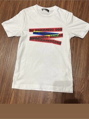 DSQUARED2 White Short Sleeve Tee with Multicolor Logo Strips